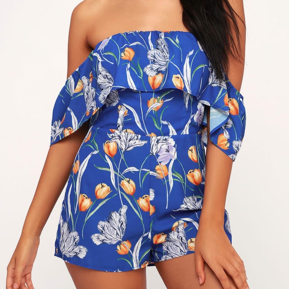 Lulus Blue Floral Print Off-the-Shoulder Romper